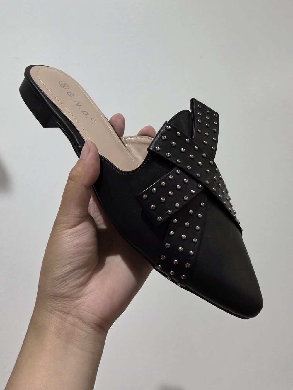 GND Black Studded Pointed Slip-On Mules